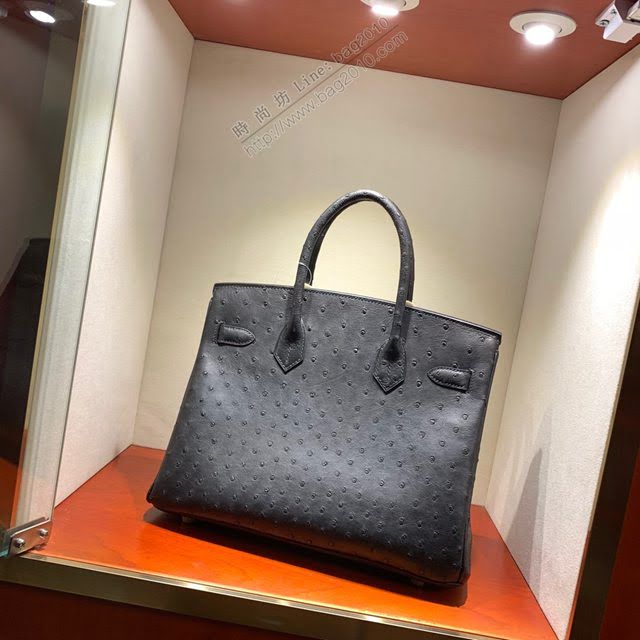 Hermes女包 愛馬仕Birkin30cm Hermes鉑金包 Ostrich鴕鳥皮 全手縫蠟線 19 Mousse慕斯灰  am1902